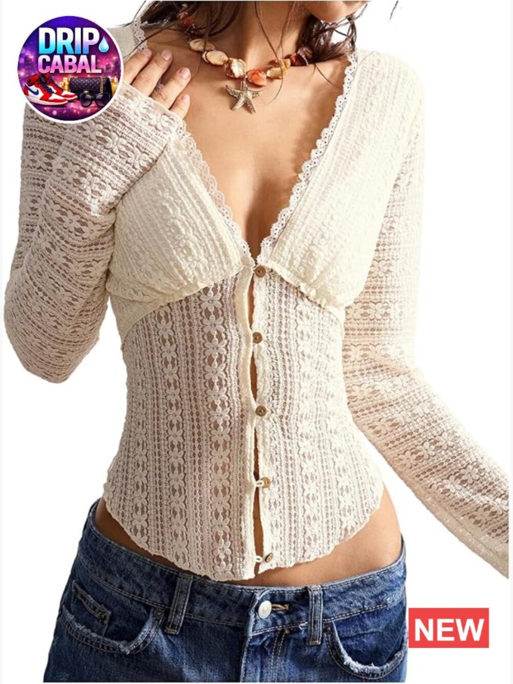 Sheer Lace Hollow Out Button Front Long Sleeve V-Neck Crop Cardigan